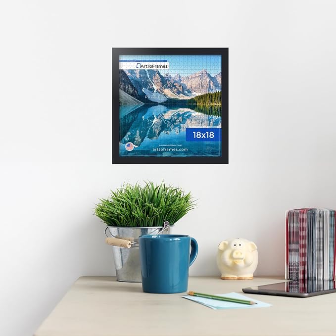 ArtToFrames Puzzle Frame for Buffalo Games 300 Piece Jigsaw Puzzles, 18x18 Inch (46x46 cm), Soft Black Engineered Wood with Economy Acrylic, Ready to Hang Puzzle Display
