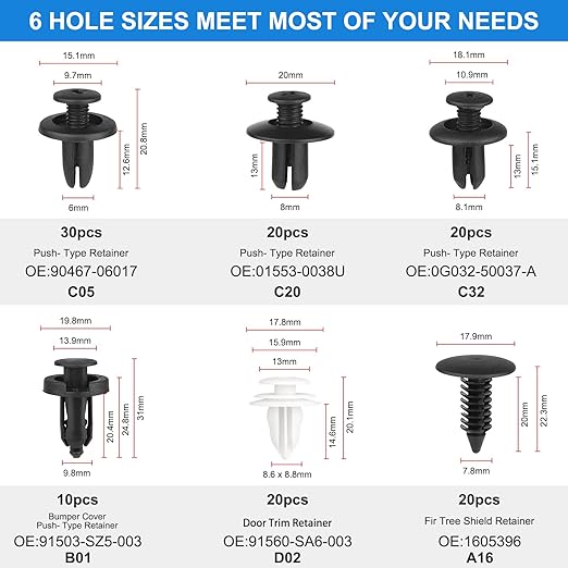 QIIYCCE 120PCS Car Clips & Plastic Rivets - 6 Popular Sizes, Fits Bumpers, Fenders & Most Car Models, Ideal for Body Fixing & Replacement