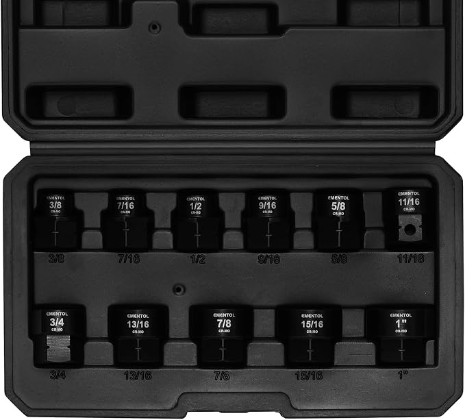 EMENTOL 1/2" Drive Low Profile Nano Impact Socket Set, SAE 3/8"-1", 11PCS Stubby Sockets, CR-MO Steel, No Skips Sizes, with Plastic Case
