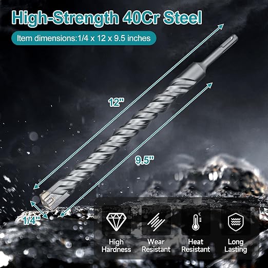 1/4 Inch x 12 Inch SDS Plus Rotary Hammer Drill Bit, Cross Tip Double Threaded Carbide Tipped for Concrete, Brick, and Stone (1/4" x 9.5" x 12")
