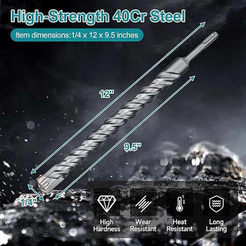 1/4 Inch x 12 Inch SDS Plus Rotary Hammer Drill Bit, Cross Tip Double Threaded Carbide Tipped for Concrete, Brick, and Stone (1/4" x 9.5" x 12")