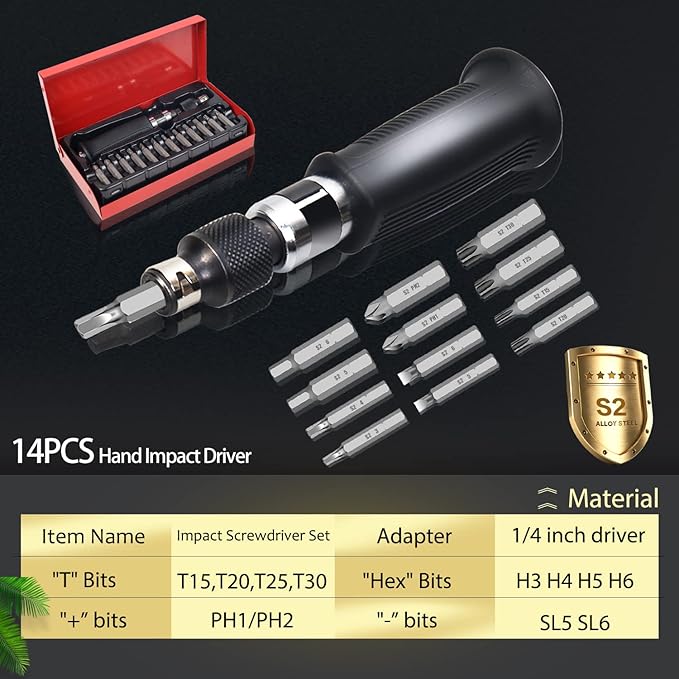 AKM Hand Manual Reversible Impact Driver Set Extractor Impact Screwdriver S2 Steel Much More Durable Disengage Rusted Fasteners or Frozen Bolts (1/4" Driver)
