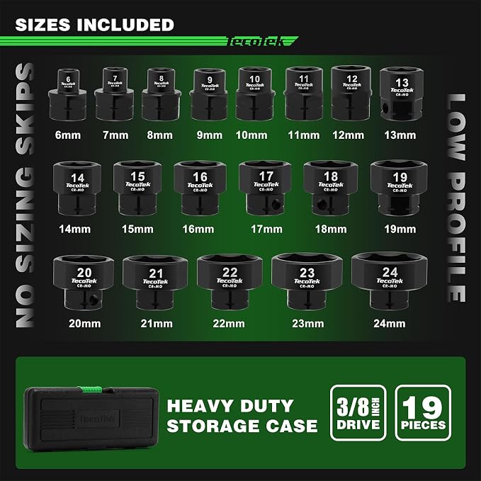 TecoTek 19-Piece 3/8-Inch Drive Metric Low Profile Impact Socket Set, Stubby Socket Set, 6mm-24mm, No Skips Sizes, 6 Point, Cr-Mo, Shorter Socket for Tight Areas