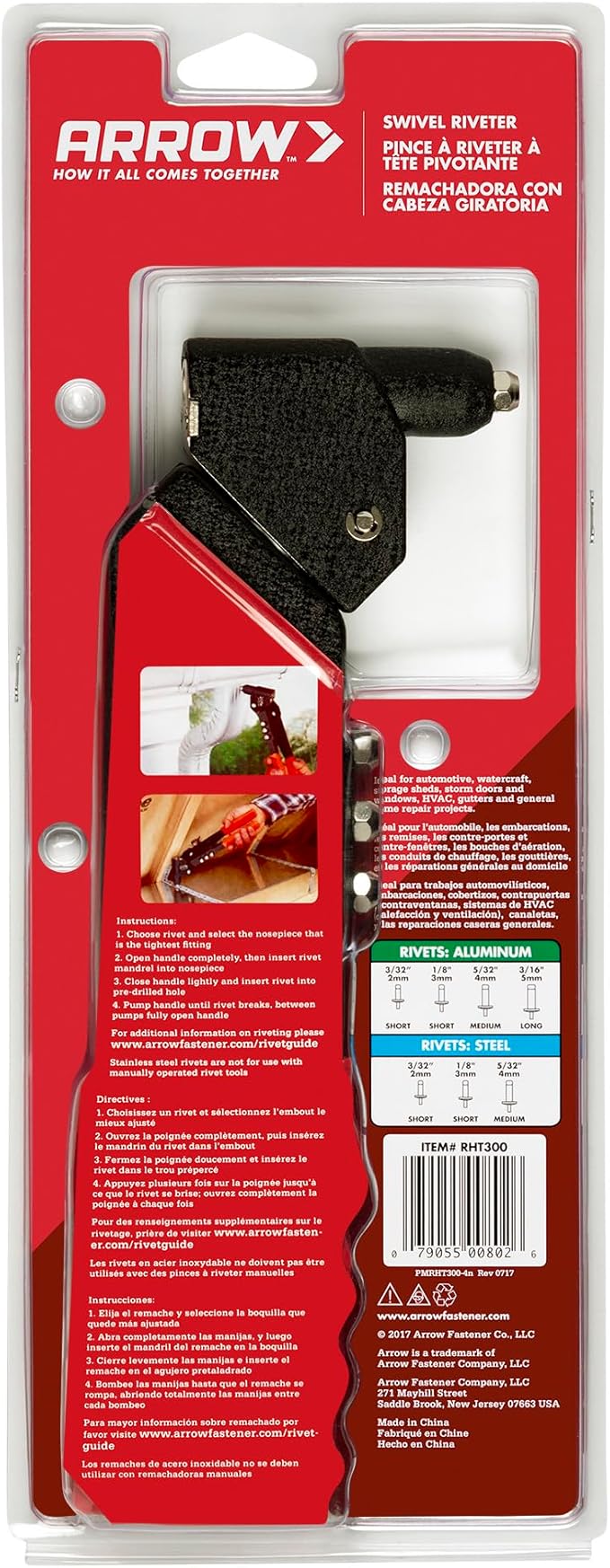 Arrow RHT300 One-Handed Swivel Rivet Tool, Manual Riveter for Metal, Fabric, Leather, and Auto Repair, Uses 1/8-Inch, 3/16-Inch, 5/16-Inch Rivets