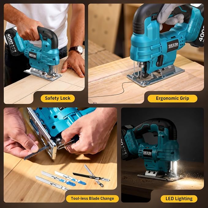 SEESII Cordless Jigsaw and Wood Router Tool Combo Kit | with Batteries and Charger, Brushless Aluminum Palm Router, 0-45° Bevel Jig Saw, Adjustable Speed for Cutting & Trimming