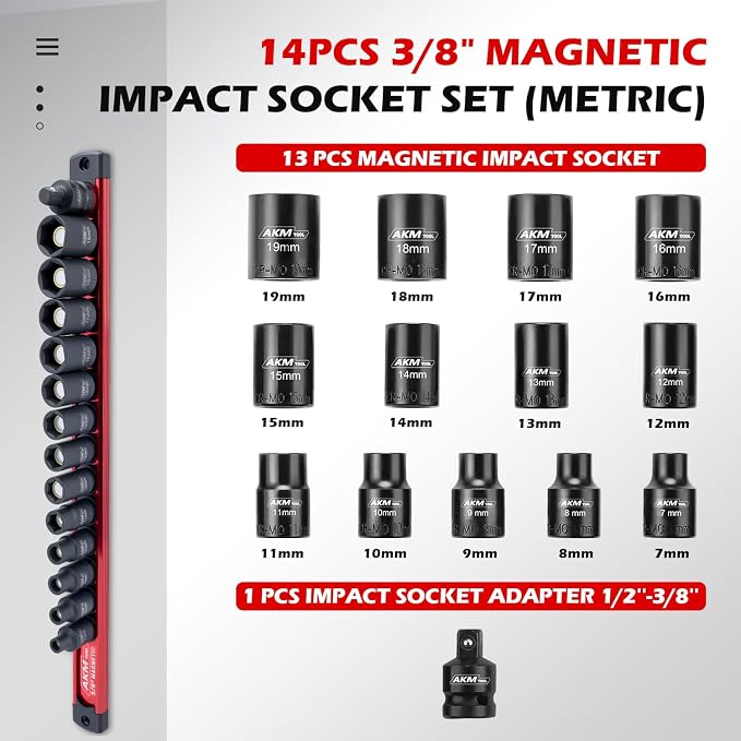 3/8 Inch Drive Magnetic Impact Socket Set, 14-Piece Metric, 7mm-19mm, 6 Point, Cr-Mo, Square Drive, Magnetic Socket with Adapter and Magnetic Rail