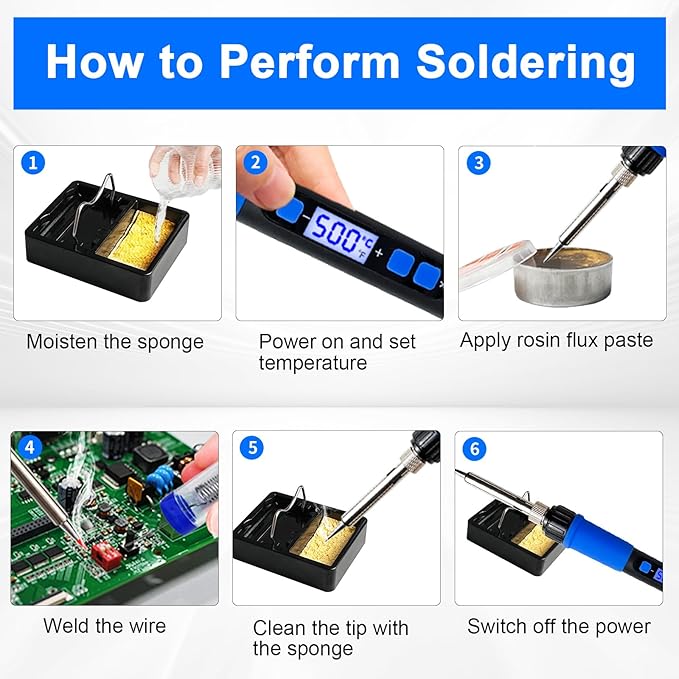 Soldering Iron Kit, 80W Soldering Iron Pen with Adjustable Temperature, LCD Display, ON/OFF Switch, 5 Tips, Solder Wire, Stand with Sponge, Pump, Paste, Tweezer, Blue