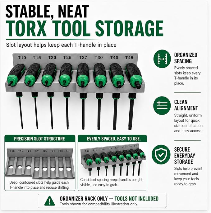 Magnetic T-Handle Hex Key Organizer Rack – Tool Holder for Harbor Freight ICON Style T Handle Wrenches – sae/metric/torx Storage Options (torx)