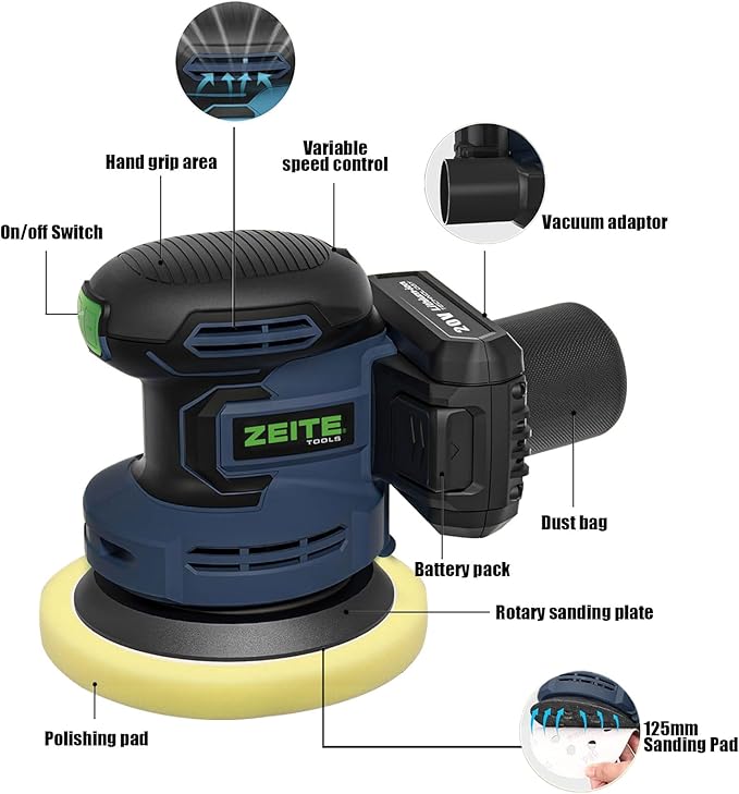 ZEITE 5 Inch 20V 2.0Ah Orbital Sander Cordless, 6 Variable Speed 3,000-11,000 OPM Electric Sander for Woodworking, 12 x Sandpaper,1 x Polishing Pad, Efficient Dust Extractor for DIY Sanding Polishing
