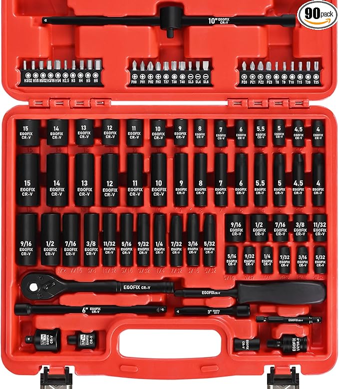 90PCS 1/4" Drive Impact Socket Set Metric 4-15mm and Standard SAE Size (5/32"-9/16"), with 72-Teeth Ratchet, Screwdriver Bit Set, Mechanics Tool Kit for Home Use and Automotive Repair