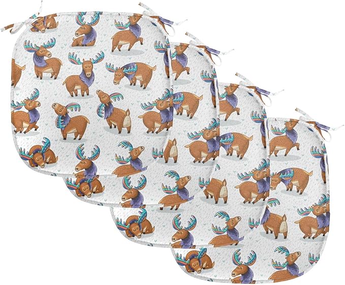 Lunarable Deer Chair Seating Cushion Set of 4, Moose in Cartoon Elks with Rainbow Antlers Cheerful Comic Pattern, Anti-Slip Seat Padding for Kitchen & Patio, 16"x16", Turquoise Lavender