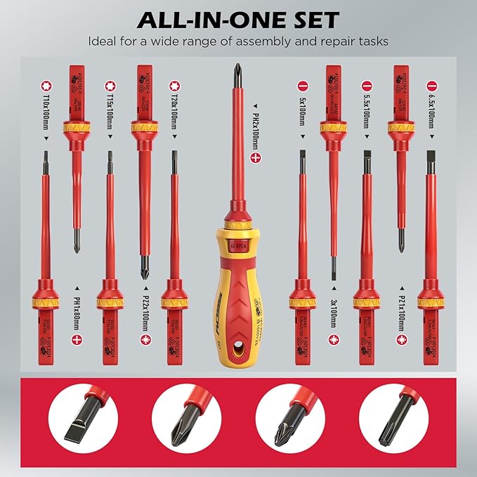 1000V Insulated Electrician Screwdriver Set - 13-Piece Professional Electrical Screwdriver Set Insulation Handle CRV Steel Magnetic Phillips Slotted Pozi Torx Tips VDE & GS Certified