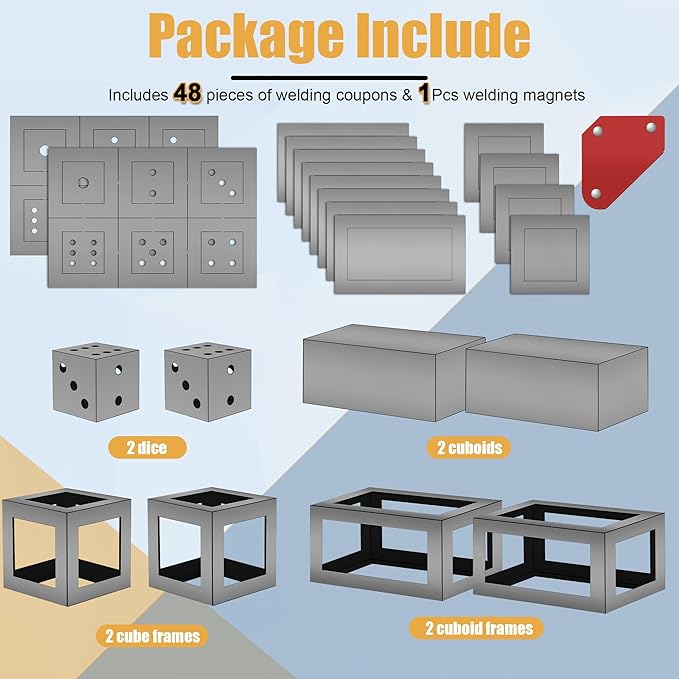 49Pieces Steel Welding Practice Kit with Welding Magnet, Larbeti 17 Gauge Welding Coupons Metal Weld Training Kit for Beginners Enhancement Weld Skill Practice Kit with 2 Dice, 2 Cube, 4 Cuboid