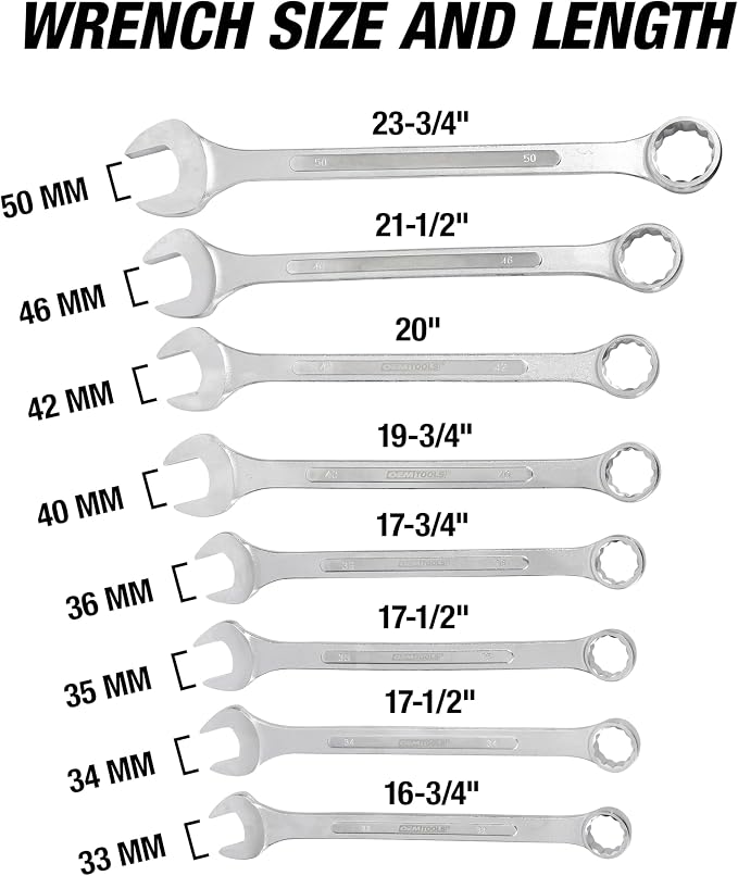 OEMTOOLS 8-PC 12 Pt. Metric Jumbo Combination Wrench Set 33mm-50mm | Box End Metric Wrench Set, 15° Offset Wrenches, Chrome Plated Finish, Includes Canvas Wrench Roll, Drop-Forged Alloy Steel