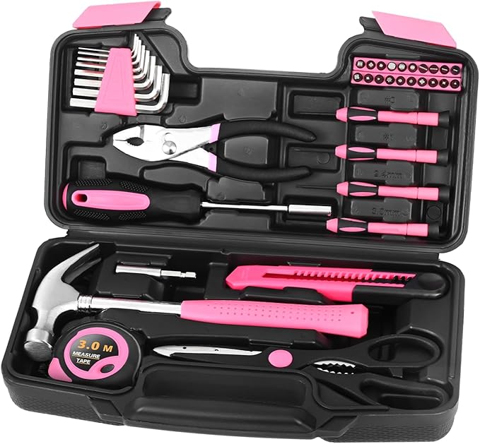 HANGYING 39 Piece Pink Tool Set for Women, All Purpose Household Hand Tool Kit with Plastic Storage Box, Small Tool kit for Home Garage Office College Dorm