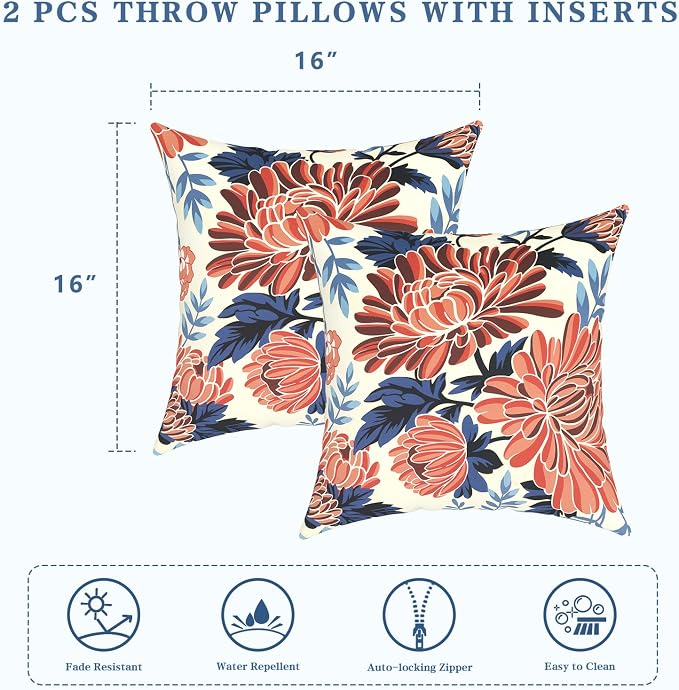 LVTXIII Outdoor Throw Pillows 16x16 Inch, Set of 2 Square Decorative Pillows with Inserts for Patio Furniture, Porch Chair, Garden Sofa, Vibrant Blossom