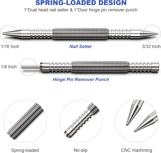 Glieskir Spring Loaded Nail Set Tools,2-PCS Dual Head Nail Setter and Hinge Pin Punch Set, Hammerless 1/16″& 3/32″Spring Nail Set, Super Strong Force Door Pin Removal Tool