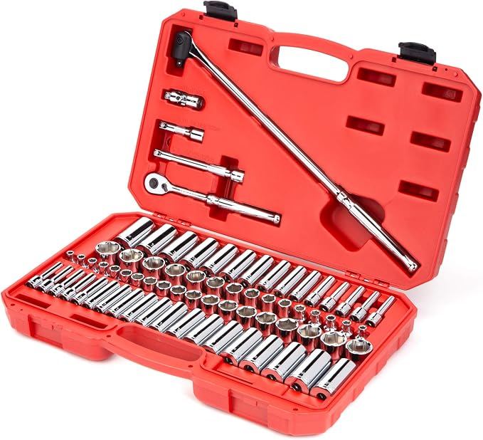 TEKTON 3/8 Inch Drive 6-Point Socket and Ratchet Set, 73-Piece (1/4-1 in., 6-24 mm) | SKT15311 | (1/4 - 1 in., 6 - 24 mm), Shallow and Deep, Case
