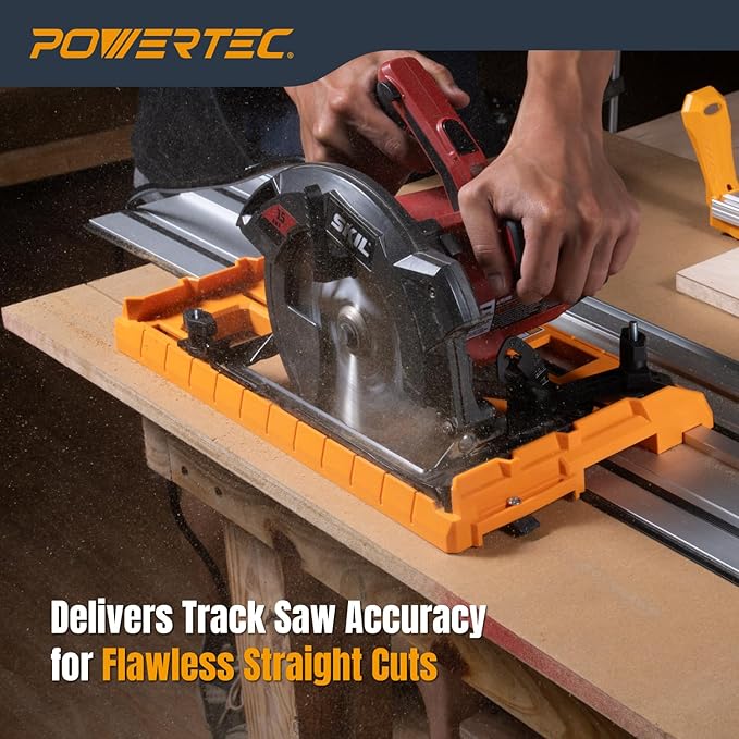 POWERTEC Universal Circular Saw Track Plate Compatible with Most Track Saw Guide Rails and Straight Edge Clamps, Tool-Free Mounting System, Adjustable Fence for Fast and Accurate Cuts (71993)
