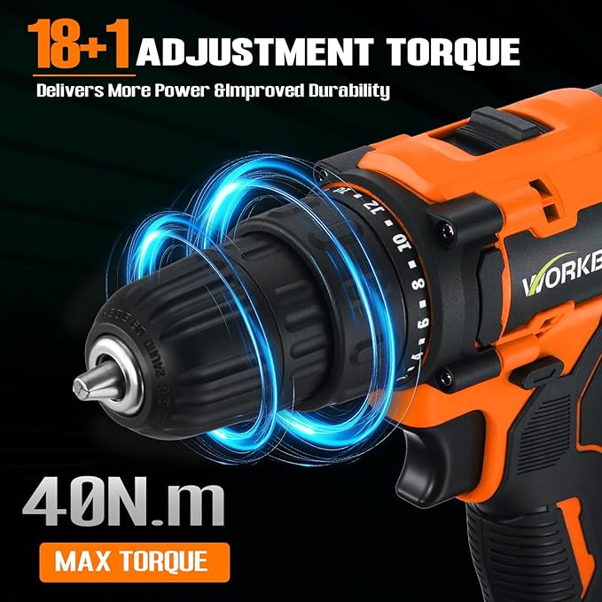 WORKBLESS 21V Power Drill Set, Cordless Drill with Battery and Charger, 3/8'' Keyless Chuck, Variable Speed, 18+1 Torque Setting and 28pcs Bits Tool Set(Orange, 1 Battery)