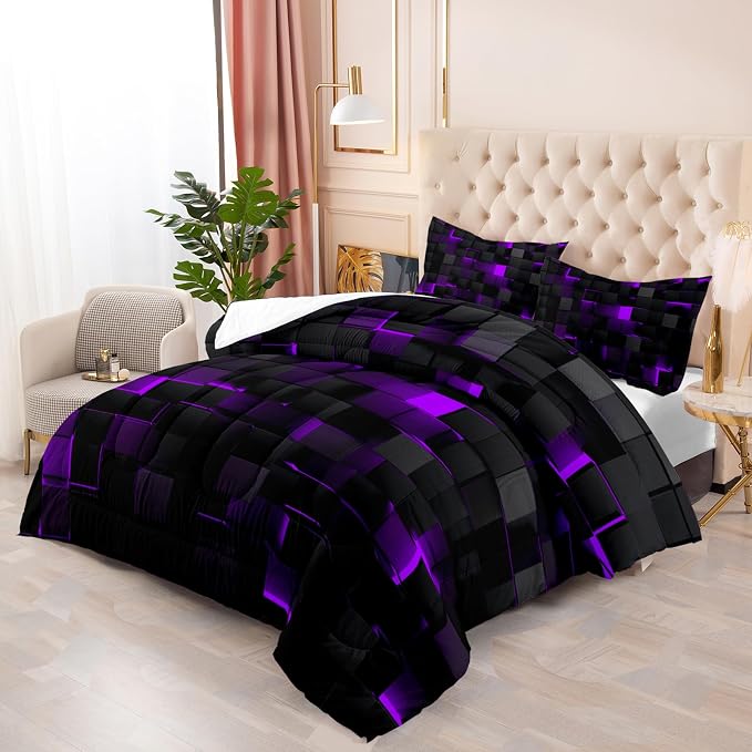 Geometric Violet Black Comforter Set,Light Honeycomb 3 Piece Bedding Set Twin Size for Teen Boys,Modern Bedding Quilt Set Geometry Decor,Microfiber Lightweight 1 Comforter 2 Pillowcases All Season