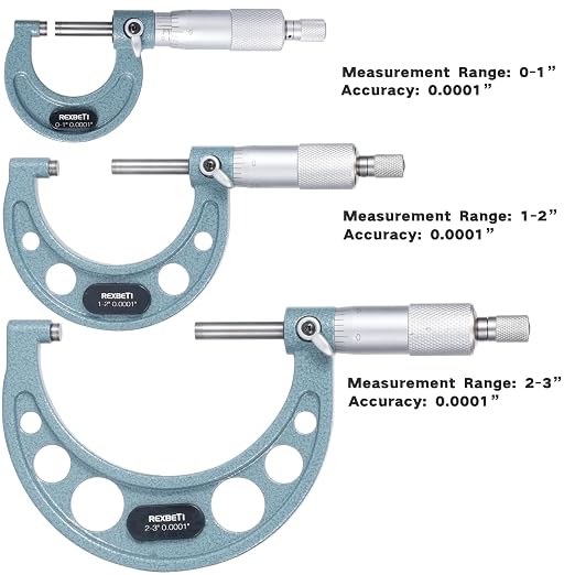 REXBETI 3Pcs Outside Micrometer Set, 0-3" Machinist Micrometer, Ultra-Precision Carbide Tipped Measuring Tool Set, 0.001" Graduation, +/-0.0001" Accuracy, Protective Case