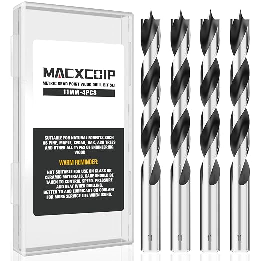 Brad Point Wood Drill Bit Set, 4Pcs 11MM Metric Drill Bit Set with Double Flutes Design for Carpenter Woodworking and All Types of Wood