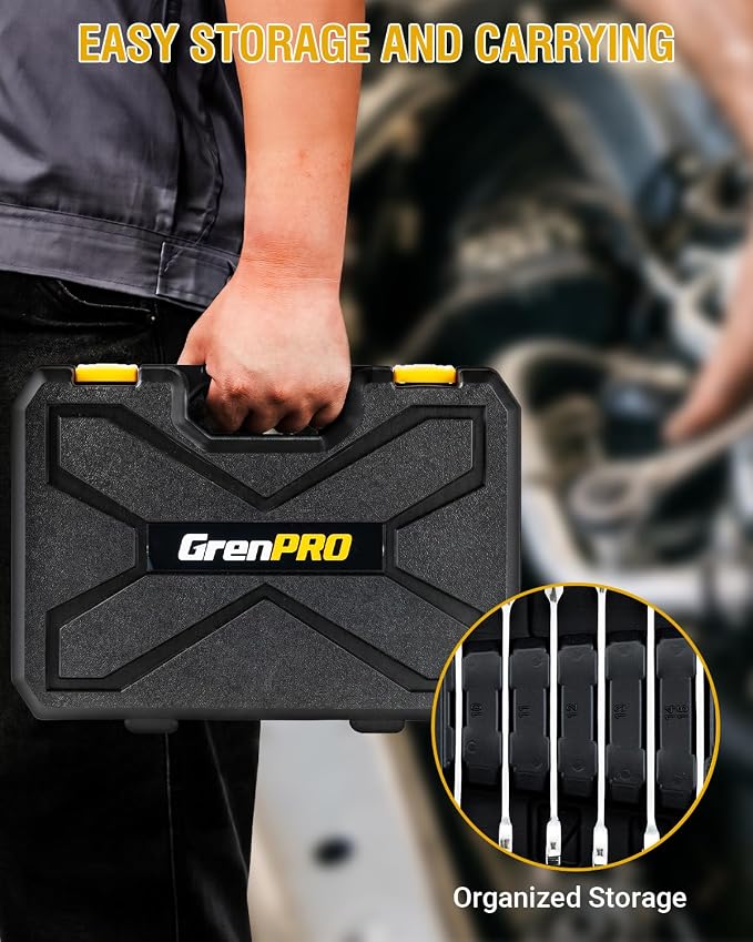 GRENPRO 12 Piece Combination Ratchet Wrench Set with Gauge, Metric Sizes 6-18mm, 72-Tooth Gear Design, CR-V Steel, Organizer Carry Box