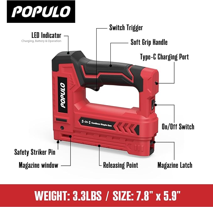 POPULO Electric Staple Gun 5 in 1 Band Nailer, 4V Rechargeable Cordless Stapler, Pin Nail Gun Battery Powered with 2,000 Staples and Nails, Power Wire Staple Gun for Home, Wood, Upholstery, DIY