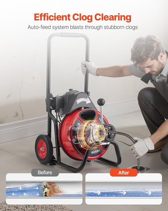 VEVOR Drain Cleaner Machine 50 FT x 3/8 Inch, Auto Feed Sewer Snake Auger on Wheels, Portable Drain Cleaning Machine with 4 Cutters & Air-activated Foot Switch for 2" to 4" Pipes