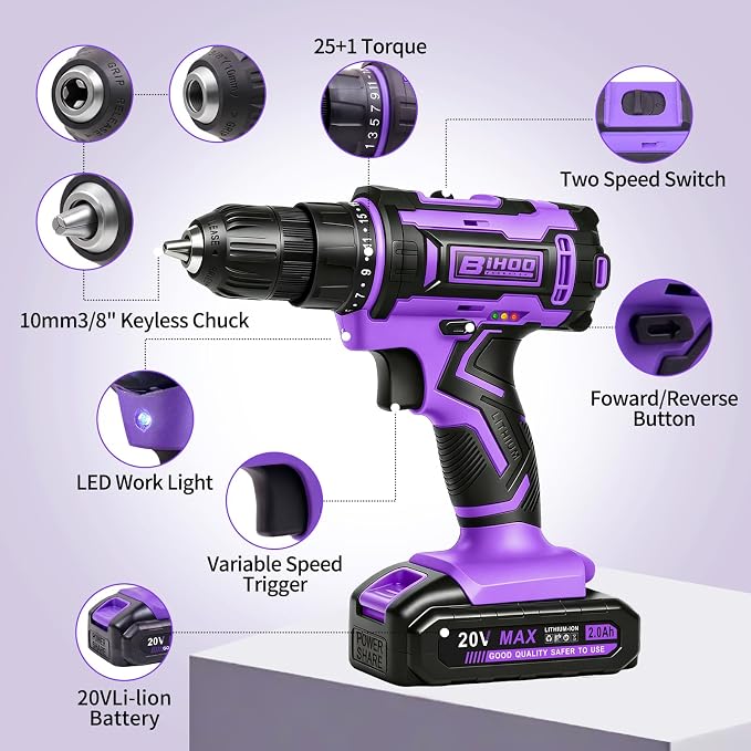 Purple 20V Cordless Drill Electric Drill set, Electric Screwdriver with 2 Batteries & Charger, 3/8" Keyless Chuck, 25+1 Torque 2-Speed Hammer Drill, Drill Bits Kit for Home DIY & Woodworking