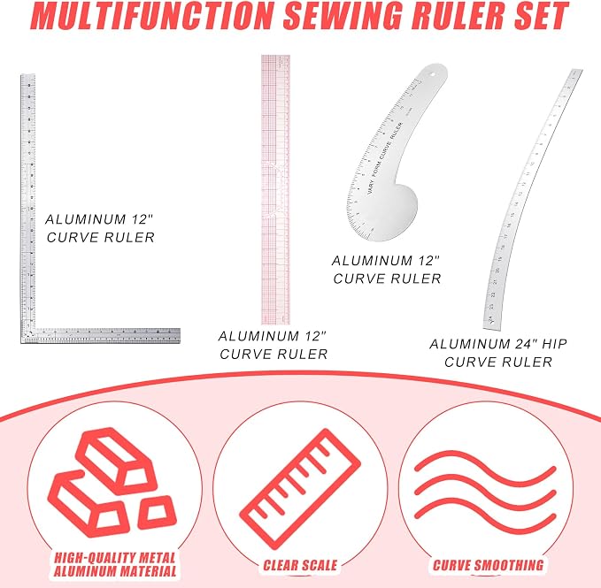 Xuhal 4 Pcs French Curve Ruler Sewing Ruler Set Aluminum Sewing Tools Supplies for Quilting with French Curves Aluminum Designers Kit Includes Curve, Hip, L Square and Plastic Grading for Design Craft