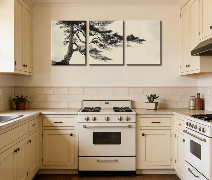 Frimeeme Vintage Sketch Pine Tree Framed Canvas Wall Art Set of 3, Antique Wilderness Forest Wall Decor, Nature Botanical Landscape, 12x16 Inch，Modern Landscape Prints for Living Room Bedroom, 12x16 Inch
