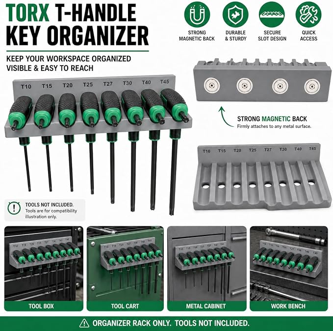 Magnetic T-Handle Hex Key Organizer Rack – Tool Holder for Harbor Freight ICON Style T Handle Wrenches – sae/metric/torx Storage Options (torx)