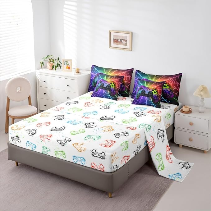 Gaming Consoles Bed in a Bag Queen Comforter Set 7 Piece,Rainbow Spider Web Video Game Bedding Set,Gamer Comforter and Sheet Set Gothic Cobweb Bed Set,Gamer Decor for Boys Bedroom Decor