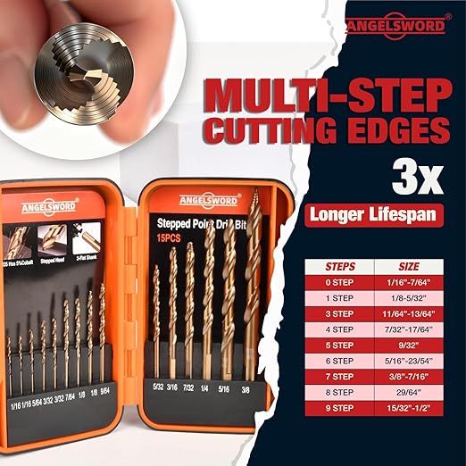 ANGELSWORD M35 Cobalt Stepped Point Tip Drill Bit, 15 PCS(1/16"-3/8"), Titanium Coated Drill bit, for Steel, Cast Iron, Aluminum, Brass, Acrylics