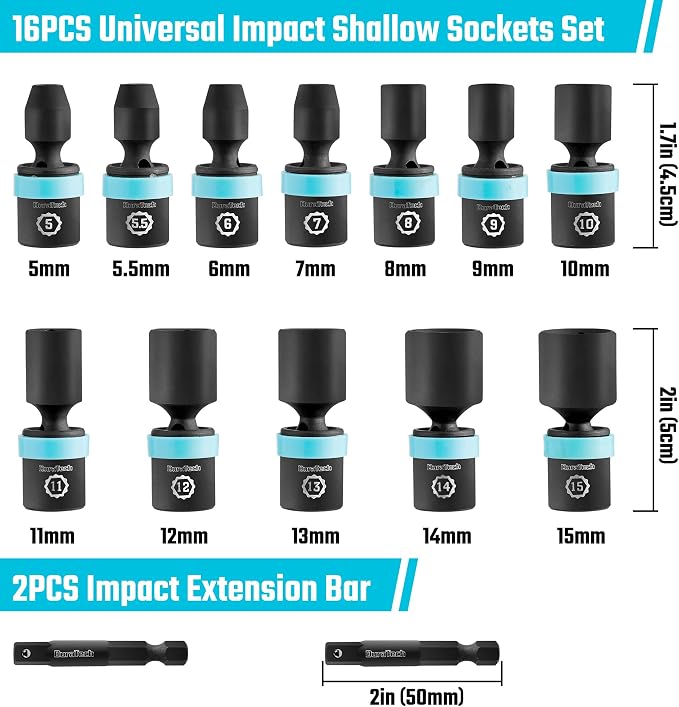 DURATECH 1/4" Drive Impact Universal Joint Socket Set, 14-Piece, 5mm-15mm | Swivel Socket Set, 360° Rotation, Metric, with 2" Extension Bars, 6-Point, Cr-Mo Steel, Organized in EVA Foam Organizer