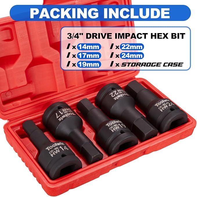 Toolwiz 3/4 Inch Drive Impact Hex Bit Set, 5-Piece Metric 14mm-24mm, Cr-Mo | One-Piece Construction, Impact Grade, Professional Automotive Impact Bit Socket Set, Heavy Duty PVC Storage Case
