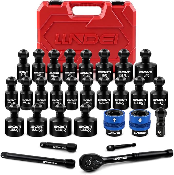 LLNDEI 3/8" Drive Swivel Socket Set 29Pcs SAE/Metric CR-MO | Quick Release Wobble Sockets 8-22mm & 5/16-3/4", Ratchet, Extension & Adapters, for Engine, Suspension, Brake & Industrial