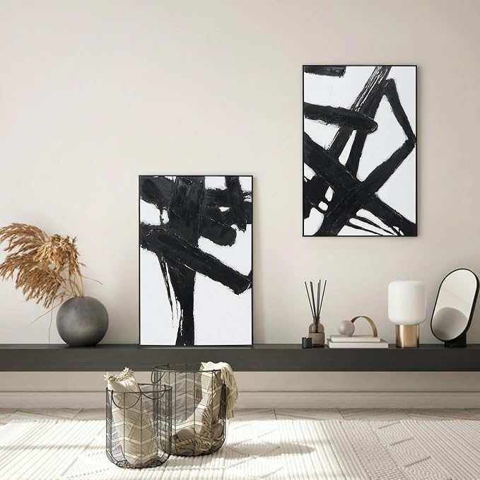 Black and White Abstract Canvas Wall-Art - 2 Piece 24" x 36" Black Canvas Artwork Decor for Living Room, Bedroom, Office Decor, Framed Ready to Hang