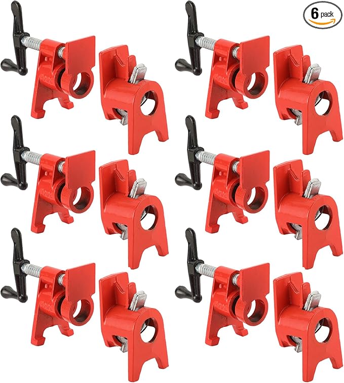 3/4" Wood Gluing Pipe Clamp Set with Unique Foot Design Red Heavy Duty Bar Clamps Cast Iron Quick Release Pipe Clamp Tools for Woodworking (6pc, 3/4" with foot)