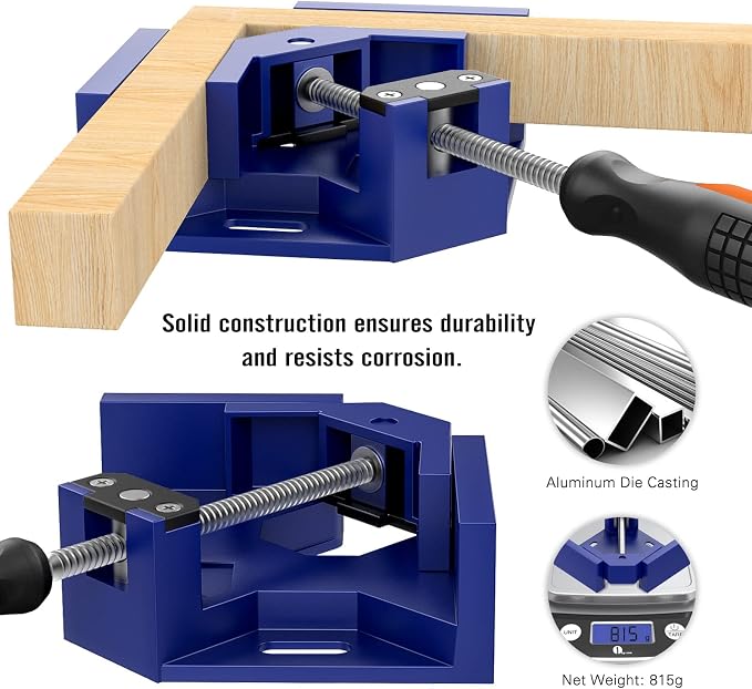 Right Angle Clamp, Housolution [4 PACK] Single Handle 90° Aluminum Alloy Corner Clamp, Right Angle Clip Clamp Tool Woodworking Photo Frame Vise Holder with Adjustable Swing Jaw - Blue
