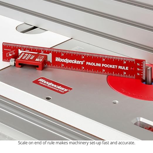 Woodpeckers Paolini Pocket Rule, Aluminum, 6" / 150mm Combo, Woodworking Ruler with Sliding Stop, Vertical End Scale, Scribing Notch, Engraved Scale
