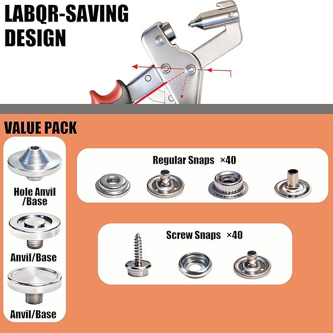 TRILVIX Heavy Duty Snap Fastener Tool Set, Leather Snaps and Fasteners kit, 15mm snap Tool with 80 Sets Boat Cover Snaps for Fabric, for Boat Covers, Canvas, Leather, Tarps, Fabric, Sewing