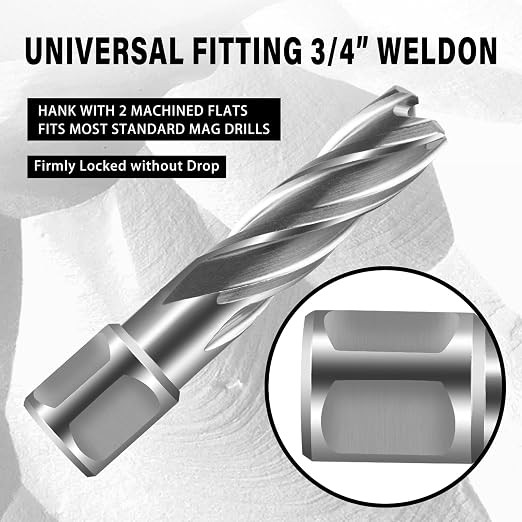 SALI Annular Cutter Diameter 1-1/8 Inch with Weldon Shank 3/4" (with 2 Flats) Cutting Depth 2" Mag Drill Bit for Magnetic Drill Press HSS Fully Ground Drill with One 1/4"*4" Pilot Pin