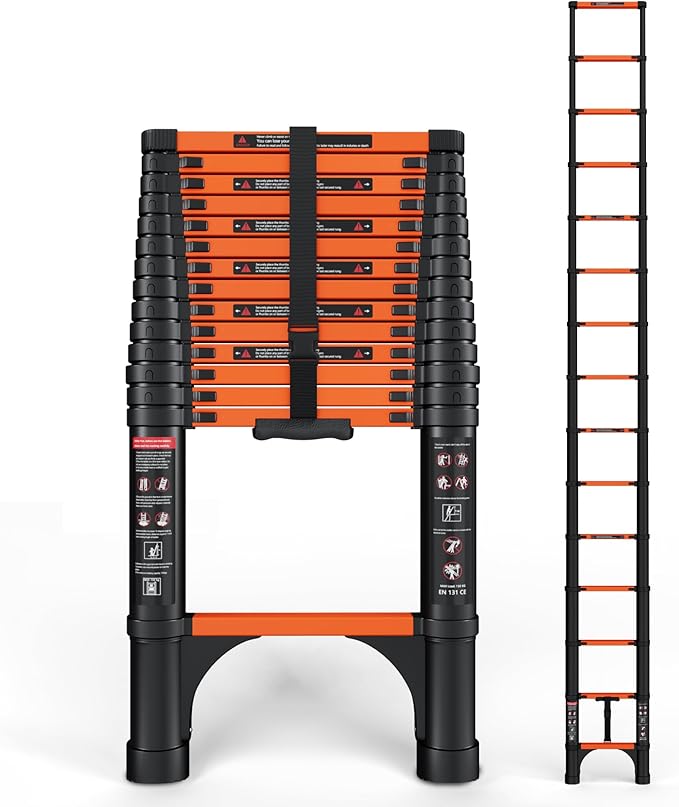 SINMEIRUN Telescoping Ladder, 14.5 FT, Aluminum Extension Ladder, 330 lbs Capacity, Collapsible Multi-Purpose Ladder for Home, Roof and RV; Orange