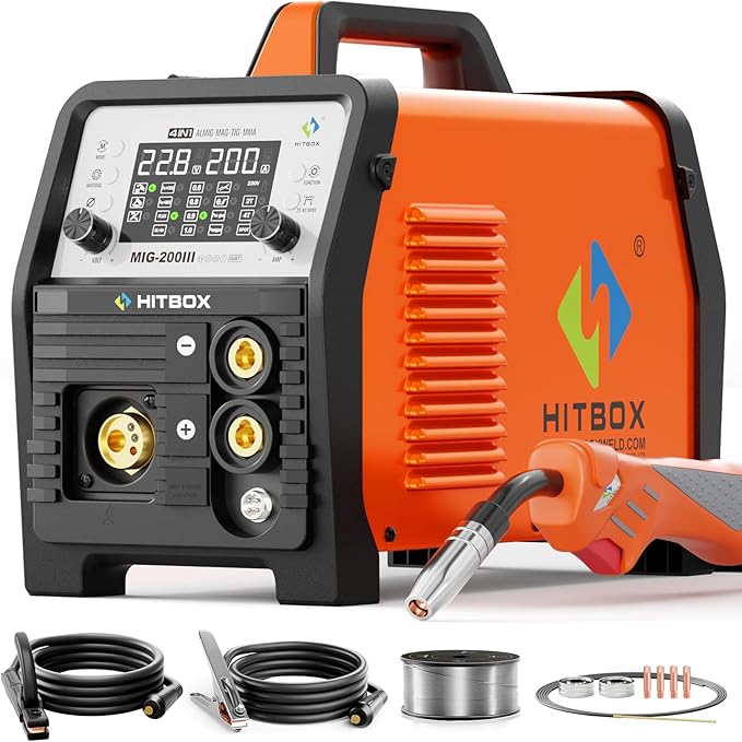 HITBOX Aluminum MIG Welder Welding Machine, 200A 110V 220V Gas & Gasless MIG Welder Machine, 7 in 1 Multi Process Welding Machine with MIG/Stick/Lift TIG/Spot/Spool Gun