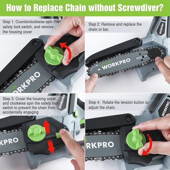 WORKPRO Mini Chainsaw, 6.3" Cordless Electric Compact Chain Saw with 2 Batteries, One-Hand Operated Portable Wood Saw with Replacement Guide Bar and Chain for Garden Tree Branch Pruning, Wood Cutting
