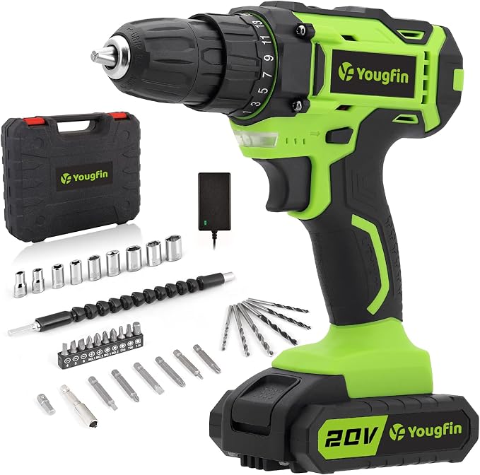 Cordless Drill Driver Set 20V Power with Battery Charger and Carrying Case, 25+1 Torque Electric Drill, Variable Speed, 266 In-lb, 3/8'' Keyless Chuck, 34pcs Driver Bit, for Women, Green
