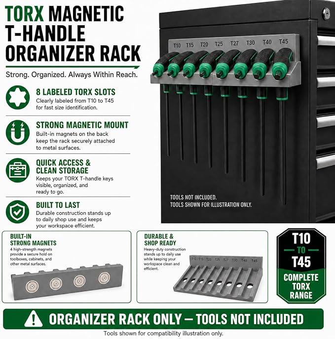 Magnetic T-Handle Hex Key Organizer Rack – Tool Holder for Harbor Freight ICON Style T Handle Wrenches – sae/metric/torx Storage Options (torx)